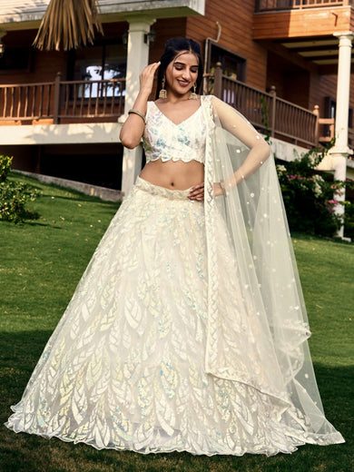 Astonishing Off-White Sequins Net Lehenga Choli With Dupatta